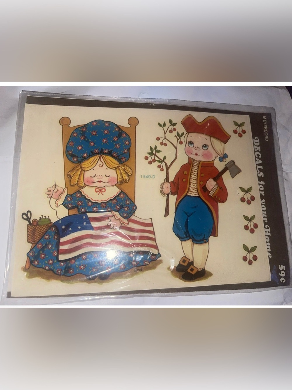 New VTG 1970s Meyercord Woman Making Flag Girl with Hatchet Cherry Tree 1540-D